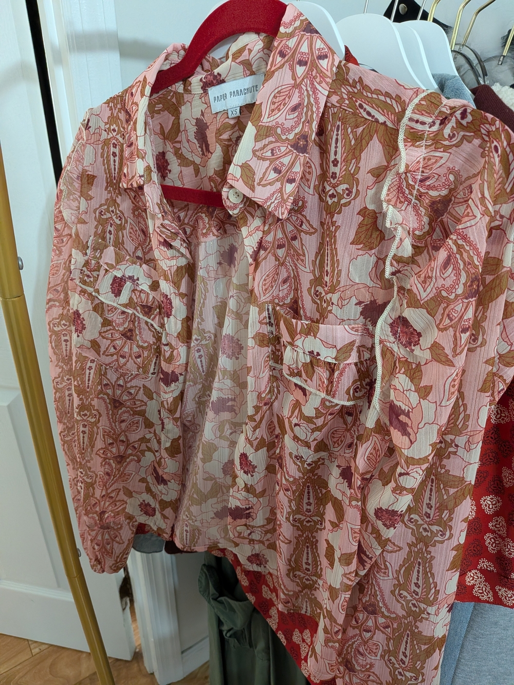 Pink Floral Ruffle-Trim Button Blouse